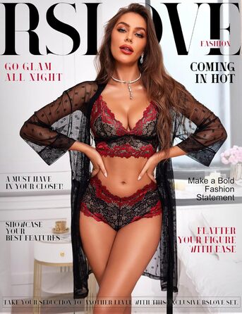 RSLOVE Комплект сексуальної білизни 3 частини: мереживний кімоно, бюстгальтер та труси (S, чорний, червоний)