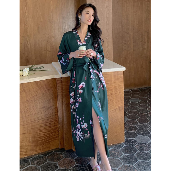 Жіночий халат з довгим рукавом з шовку та атласу з квітковим принтом (сливові квіти, темно-зелений)
