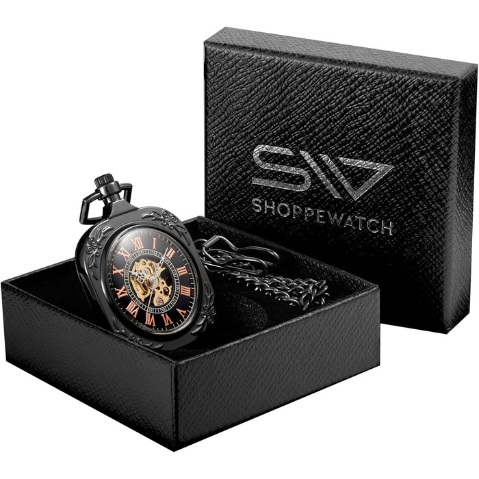 Механічний кишеньковий годинник ShoppeWatch з ланцюжком для чоловіків, ручний завод, прозорий циферблат у стилі стімпанк, чорний