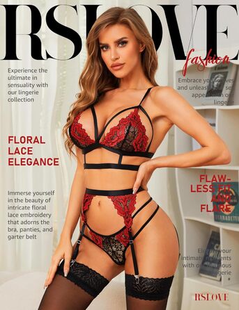 Комплект спідньої білизни RSLOVE для жінок: мереживний тіло, бюстгальтер та труси (чорний, червоний)