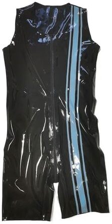 Чоловічий латексний боді з блискавкою спереду GAYLOP. Чорно-синій, без рукавів, великі розміри, індивідуальне пошиття. Леотард, комбінезон