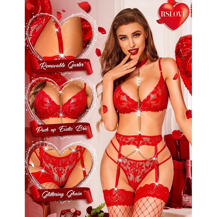 Комплект спідньої білизни RSLOVE для жінок: мереживний бюстгальтер, стрінги та пантагони. Червоний.