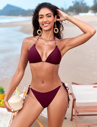 Бікіні жіноче Triangel з золотими перлами, топик халтер з пом'якшувачами та стринги, трусики на зав'язках, фуксія, M