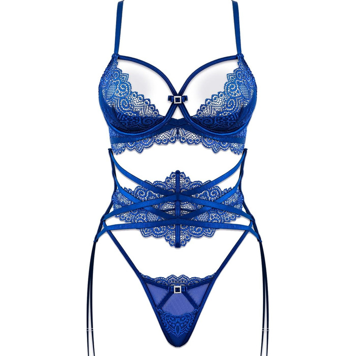 Сексуальний жіночий комплект спідньої білизни з мережива: бюстгальтер, трусики та пояс, колір нічний синій, розмір 75B