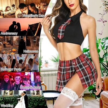 Костюм для косплею: шкільний набір для жінок, чорний. Роль-плей, міні-спідниця в клітинку, топ без рукавів, краватка. Ідеально для Хелловіну.