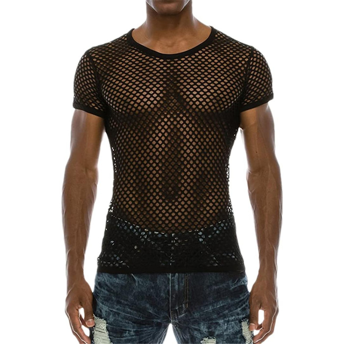 Чоловіча сітчаста футболка з прозорим дизайном, сексуальна сорочка для нічного клубу, стильна футболка в стилі стрітвір