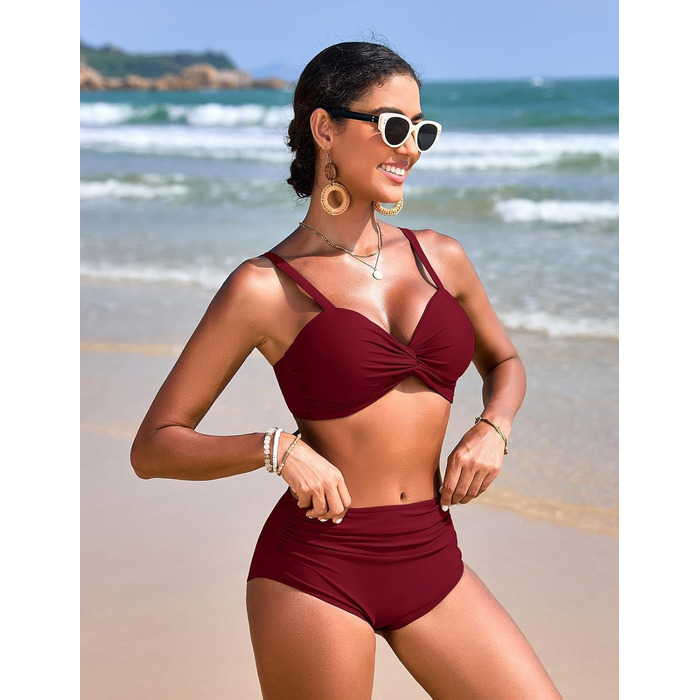 БІКІНІ ЖІНОЧИЙ ДВОШТУЧНИЙ З ВИСОКОЮ ТАЛІЄЮ, ПУШ-АП, З V-ПОДІБНИМ ВИГІНОМ, БУРГУНДІ, M