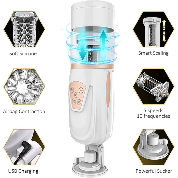 Автоматичний статевий аксесуар для самостійних задоволень з 10 телескопічними режимами та 5 швидкостями. Стимулятор з 3D силіконовою вагіною та пенісом.