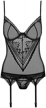 Сексуальний комплект спідньої білизни Obsessive: мереживний корсет та стрінг, подарункова коробка (S-M, чорний)