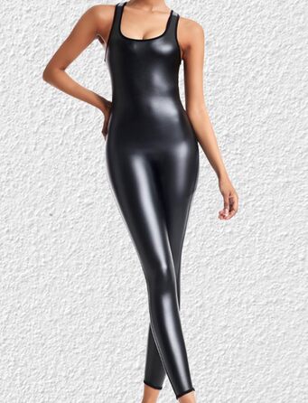 Боді з короткими рукавами FEOYA з PU шкіри, облягаючий комбінезон, сексуальний ефект мокрого блиску, для клубів, спорту, йоги, повсякденного носіння