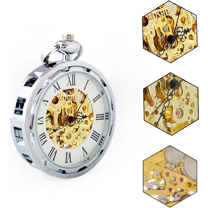 Чоловічий кишеньковий механічний годинник BOSHIYA Vintage Steampunk: скелетон, ручний завод, з підсвіткою та ланцюжком (Сріблястий)