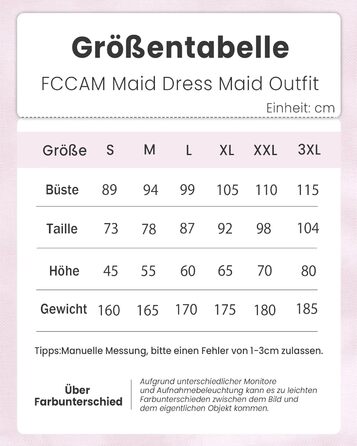 Костюм покоївки FCCAM CCAM: костюм покоївки, костюм служниці, косплей, костюм офіціантки (рожевий, 3XL)