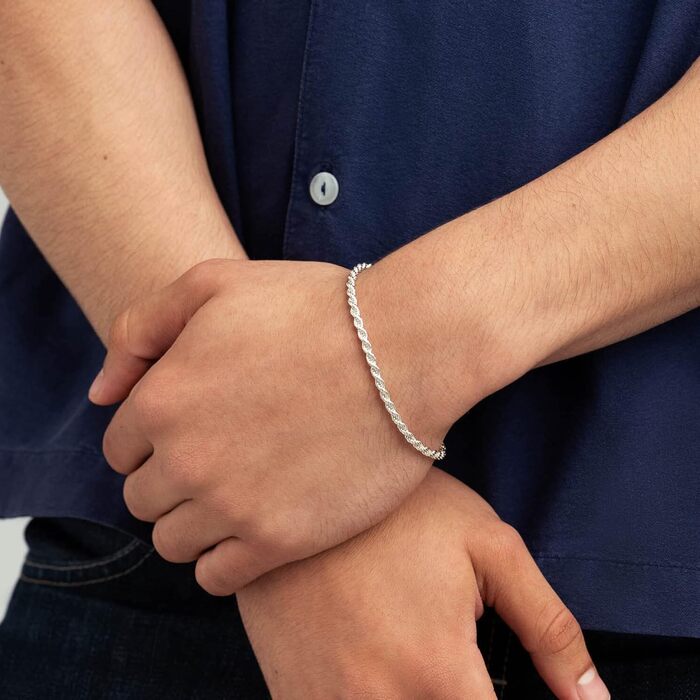 Срібний браслет LeCalla 925 Sterling Silver італійського плетіння «вірьовка» 4 мм, класичний Diamond-Cut, унісекс (довжина 8.5 дюймів)