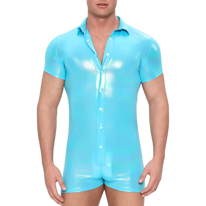 Чоловічий боді-піжама Landofgenie з короткими рукавами, металевий ефект, блакитний колір, розмір M