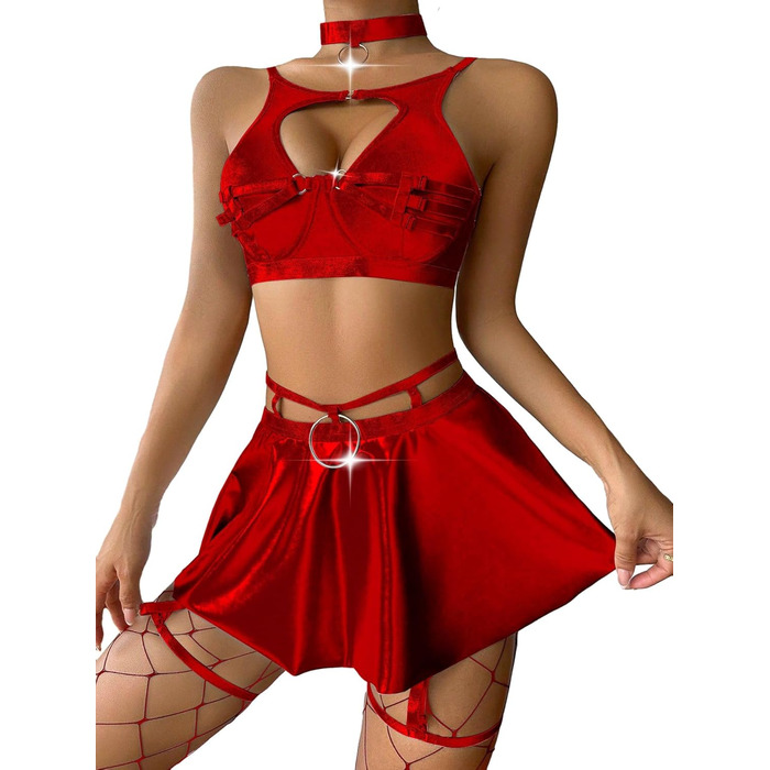 Сексуальний комплект білизни Lilosy: колготки, чокер, ремінець, бюстгальтер з підпружиненою чашкою, спідниця (5 шт.)