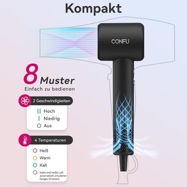 Високошвидкісний фен для волосся CONFU 1500W з дифузором, 110 000 об/хв, іонізацією та низьким рівнем шуму (70дБ), чорний
