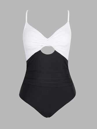 CUPSHE купальник з вирізом, ефект зав'язування, прихована талія, з декоративними вставками, чорно-білий (XS)