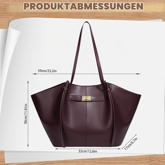 Жіноча сумка-шопер Tote Bag великого розміру, шкіряна сумка на плече з від’ємним ременем, вінтажна сумка для роботи, покупок та подорожей, винно-червона
