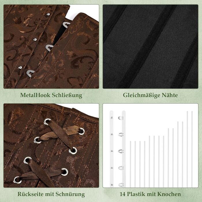Корсет TRIWORKS для жінок: корсаж, бюстгальтер, сатиновий корсет з шнурівкою, стегновий фіксатор для Хелловіну та карнавалу, XS-XXL, коричневий