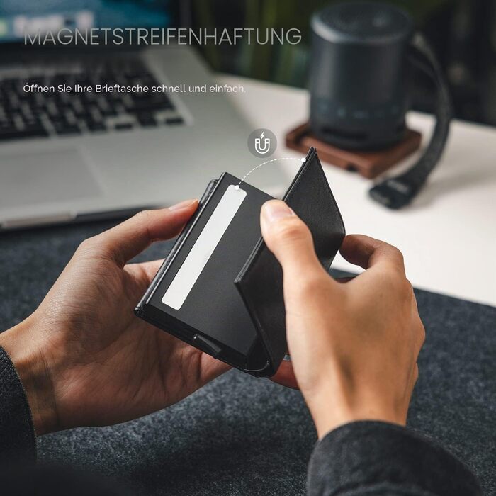 Шкіряний картхолдер VULKIT для чоловіків з Pop-up механізмом, RFID-захистом, відділенням для купюр та вікном для ID-картки, чорний