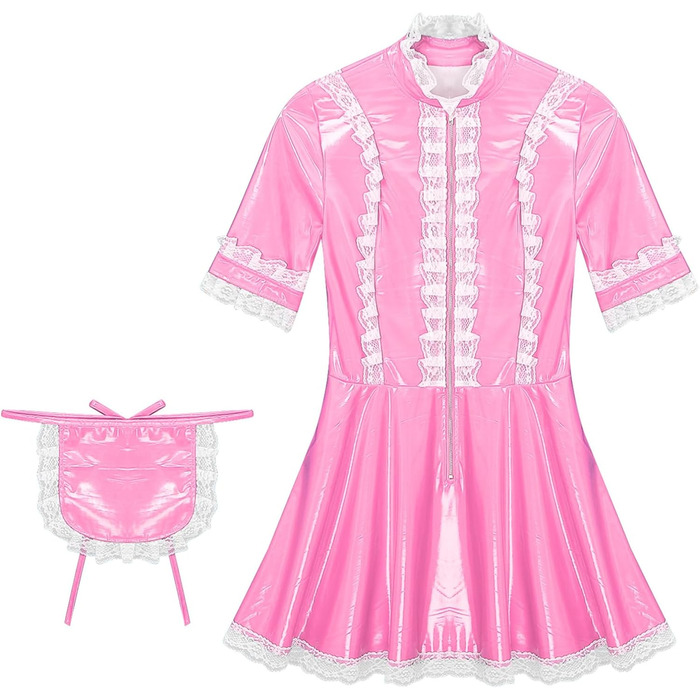 Костюм горничної MSemis: сексуальний набір нижньої білизни з ефектом вологого блиску, готичний стиль, французький дизайн, рожевий колір (L)