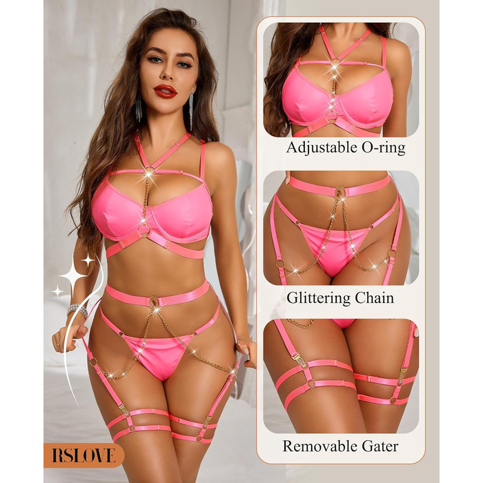 Комплект нижньої білизни RLOVE для жінок: бюстгальтер, труси, мереживо, 6 предметів, чорний (L, флуоресцентний рожевий)