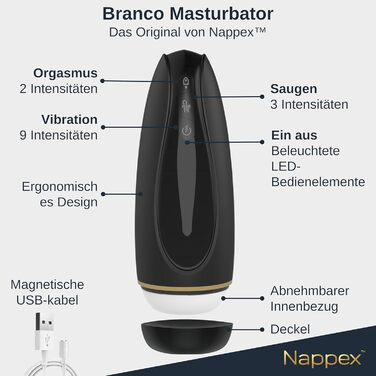 Електричний мастубатор для чоловіків Nappex Branco з потужним всмоктуванням та вібрацією, режим оргазму, чорний