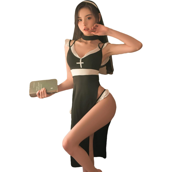 Костюм для косплею JasmyGirls: сексуальний образ черниці, дівочий, демонічний, на Хелловін. Сукня з високим розрізом, чорна, V-подібний виріз, розміри XS-M