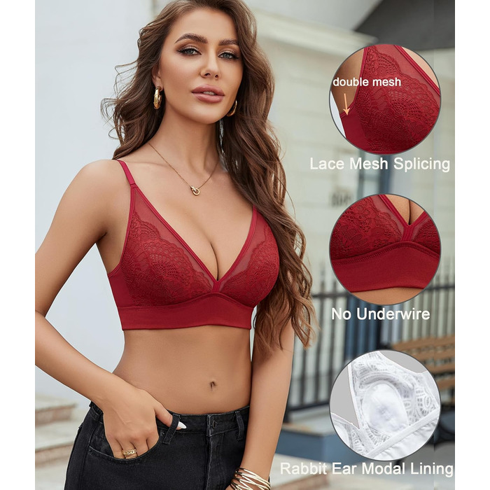 Тонкий мереживний бюстгальтер Avidlove без кісточок, V-подібний виріз, мережа, бралетт, без підкладки, на тонких бретелях, повсякденний, комфортний, класична білизна, XXL, бордовий