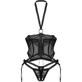 Сексуальний жіночий комплект нижньої білизни Selente Love & Fun: корсет, стрінги та шовкова маска для очей, виготовлено в ЄС. Червоний бюстгальтер з кісточками (L-XL, чорний з відкритим декольте)