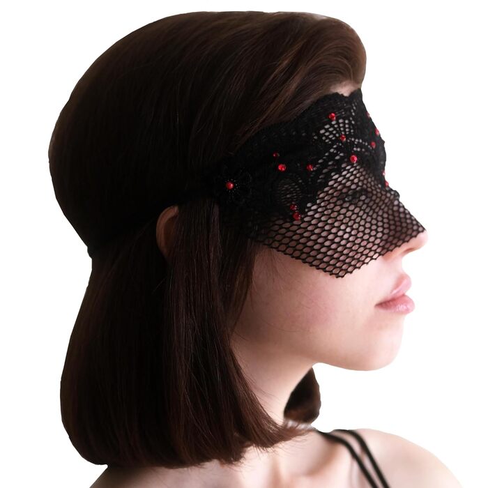 Чорна мереживна півмаска для жінок з червоними стразами – венеціанська маска для маскараду, карнавалу, весілля, вечірки, косплею, бурлеску та Марді Гра (Чорний (червоні стрази))