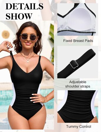 Чоловічий купальник Badeanzug Damen Bauchweg Figurformend Sexy V-Ausschnitt One Piece Swimsuit Verstellbare Schultergurte Seitentaille mit Farbblock Schwimmanzug Schwarz L