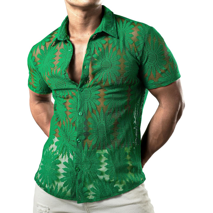 Чоловіча сорочка JOGA з мереживом, короткий рукав, літня, зелена (XL)