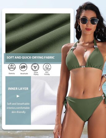 БІКІНІ Triange Bikini для жінок, комплект, сексуальний стрінг, купальник з високою талією, push-up, з перлами, танга, бавовна, XXL (зелений)