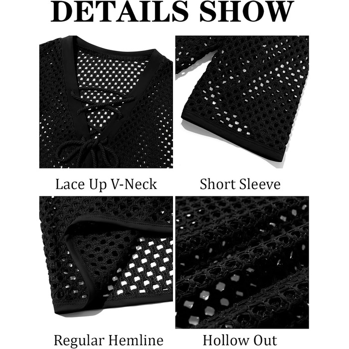 Чоловіча літня сорочка Runcati, шнурівка, V-подібний виріз, напіврукав, в'язана, мереживна, прозора, чорна, розмір L