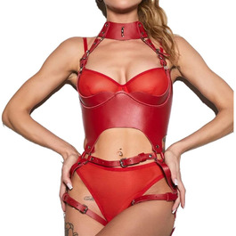 Жіночий шкіряний корсет-нагрудник ALMYMM: сексуальний аксесуар для Cosplay, вечірок та клубів. Нагрудник-збруя, пов'язки на стегна, ланцюги, SM-іграшки, червоний колір