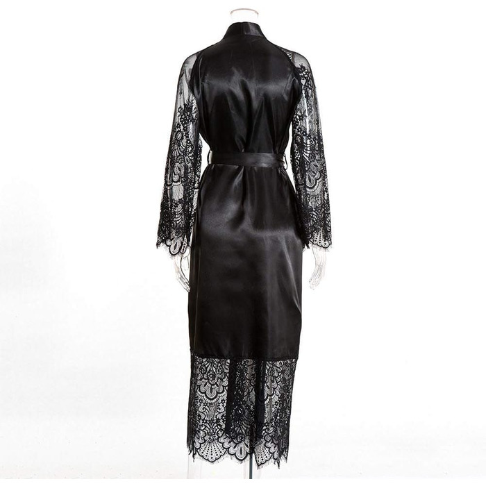 Кимоно жіноче YUHOOE, шовковий халат з мереживними рукавами, довгий халат з поясом, сатинова білизна, нічна сорочка для вечірки або свята, чорний, розмір M