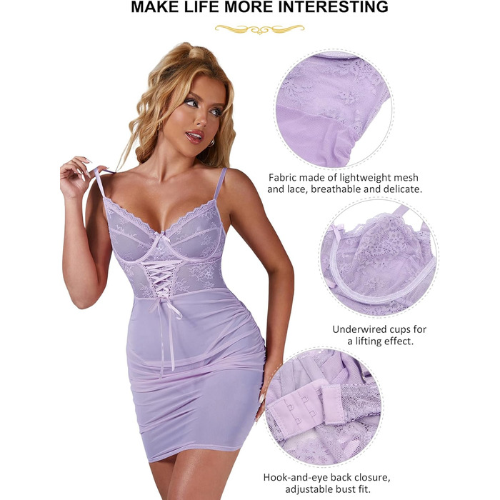 Сексуальна нічна сорочка-бадідол для жінок curvy, мереживна, прозора, міні-сукня Push Up, великі розміри, без рукавів, спідниця-комбінезон з застібками, лілова, для вечірок та клубів