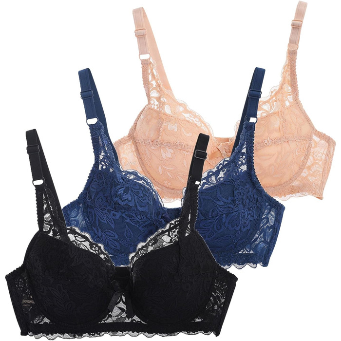 3 шт. комплект бюстгальтерів CSWH для жінок з кісточками, мереживний комплект бюстгальтерів з регульованими чашками Push Up, сексуальний бюстгальтер для дівчат, дихаючий, м'який, зручний, Y2K, білизна, бюстгальтер для щоденного використання (#01 (чорний+с
