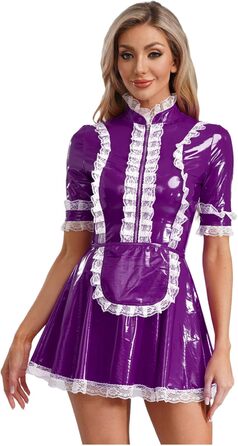 Костюм покоївки Agoky з лакованої шкіри, міні-сукня з мереживним фартухом та мереживною спідницею, еротична білизна, клубний одяг (M, фіолетовий)