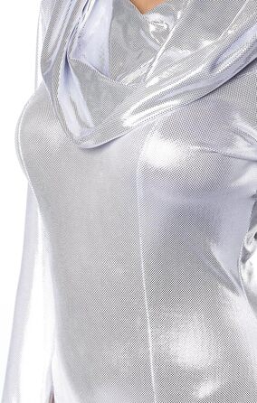 Сексуальна жіноча білизна Wetlook: комплект з капюшоного боді-комбінезону та мереживних гетрів, сріблястого кольору, з металевого матеріалу, з довгими рукавами, розмір M