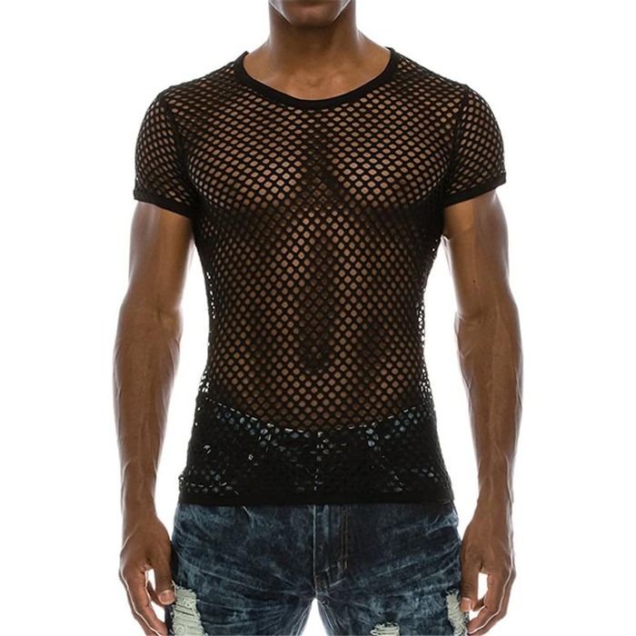 Чоловіча сітчаста футболка з прозорим дизайном, стильна, сексуальна, з короткими рукавами, для нічного клубу, вечірки, вуличної моди. Білий колір.