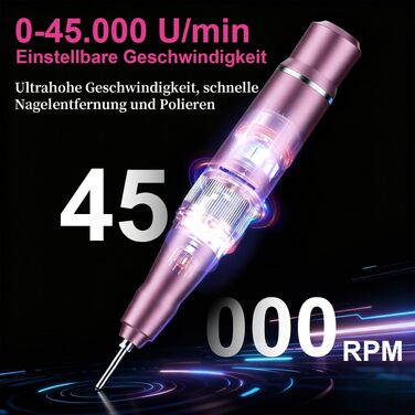 Професійний електричний апарат для манікюру та педикюру 45000 об/хв, акумуляторний нігтьовий фрезер з LCD-дисплеєм та набором фрез для гель-лаків та акрилу, рожевий
