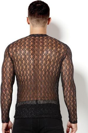 Муслін футболка Casey Kevin Herren Transparent, прозора сітка з довгим рукавом, сріблясті акценти, вертикальна смужка, V-подібний виріз, A2-чорний L