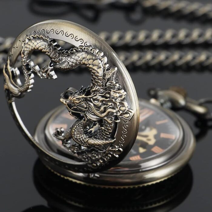 Механічний кишеньковий годинник Tiong Vintage Steampunk зі скелетоном, римськими цифрами та ланцюжком (бронза, чорний) — подарунковий набір з коробкою