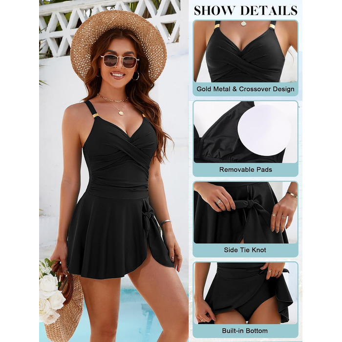 Елегантний купальник для жінок Badeanzug Damen, цілісний, з драпіруванням, приховує животик, V-подібний виріз з пуш-ап чашечками, плаття-купальник Swimdress, чорний, розмір L