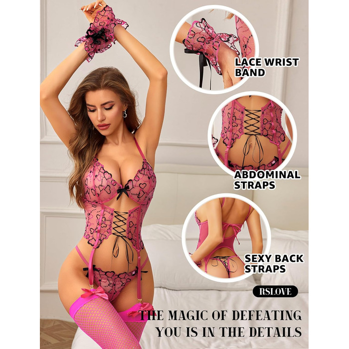 Комплект спідньої білизни RLOVE для жінок: мереживний боді, нічна сорочка, мереживний комплект, мереживний набір з бантиком, кольори: білий, рожевий, червоний (XL)