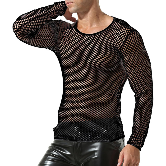 Чоловіча сітчаста футболка QiaTi з довгим рукавом, прозора, мереживна, чорна