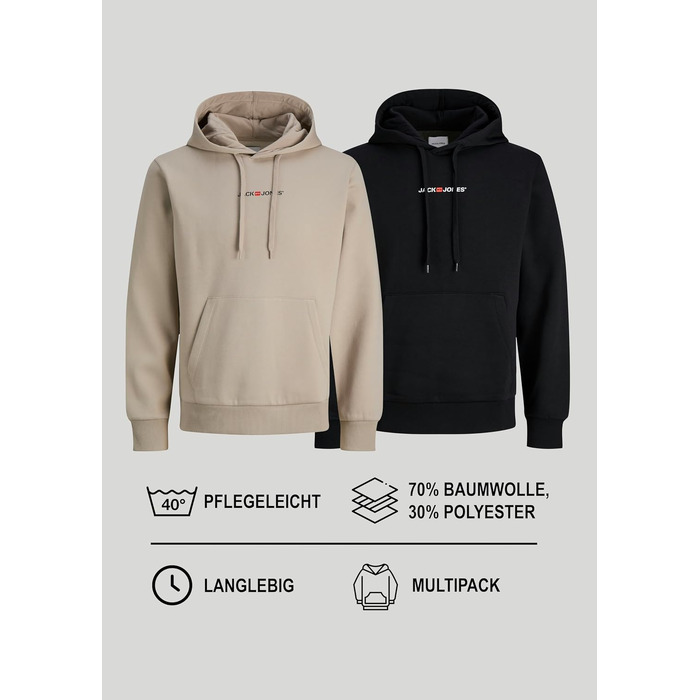 Набір чоловічих худі JACK & JONES (2 шт) — бавовняний світшот із капюшоном та довгим рукавом, повсякденний одяг у стилі streetwear (Бежевий, Чорний), розмір M
