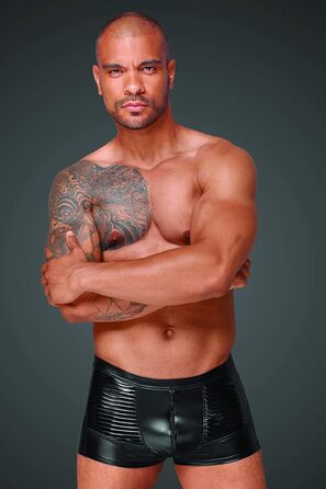 Чоловічі шорти з ефектом мокрого блиску, чорні, XL - Fetisch Clubwear з PVC деталями